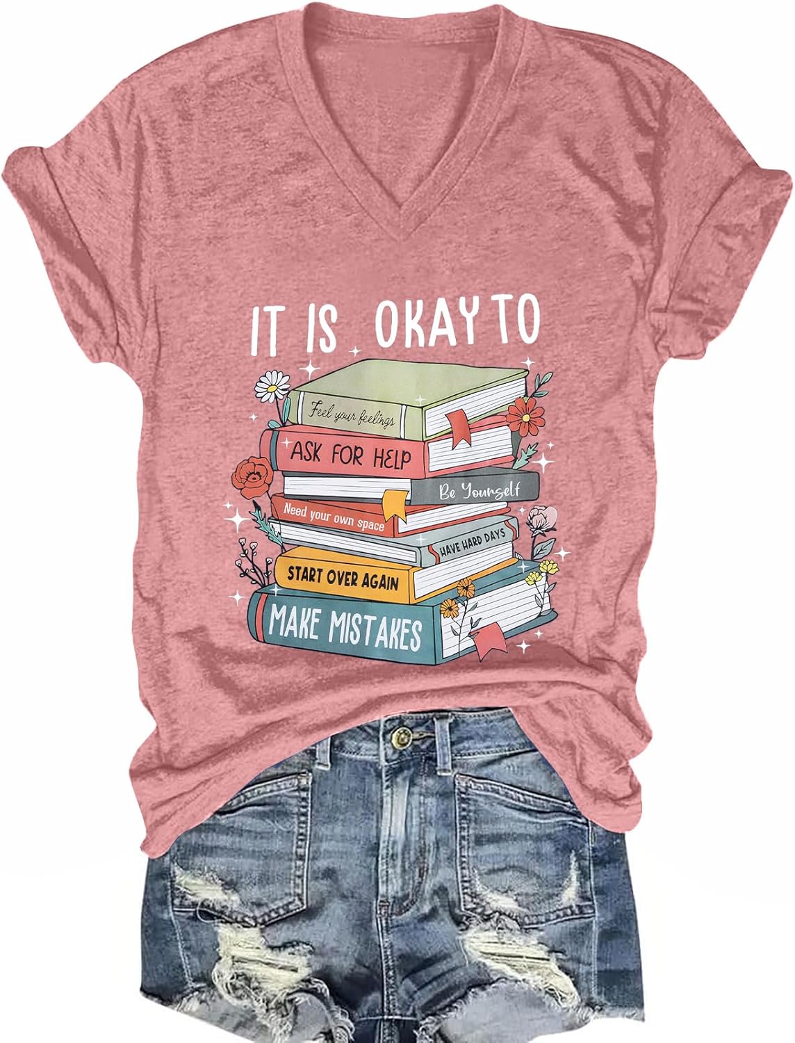 Teacher Shirt for Women Crayons Graphic Tee Mental Health Awareness Supporter T-Shirt Holiday Casual V-Neck Tops