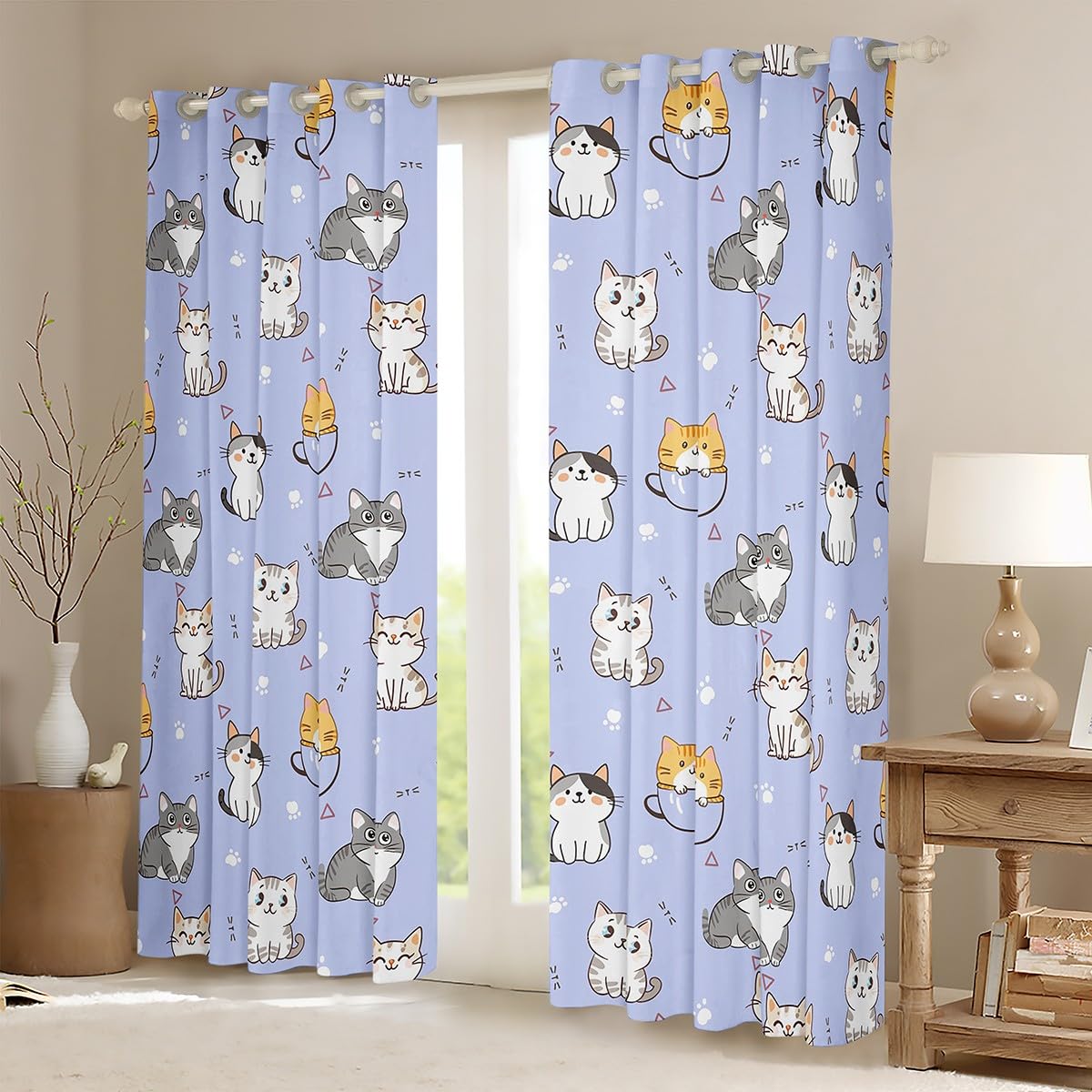 Erosebridal Girls Kitten Curtains Cartoon Cat Blackout Curtains for Kids Teen, Pet Lovers Curtains & Drapes Cute Animal Bedroom Curtains, Kawaii Window Treatments Cute Cat Paws Room Decor, Purple