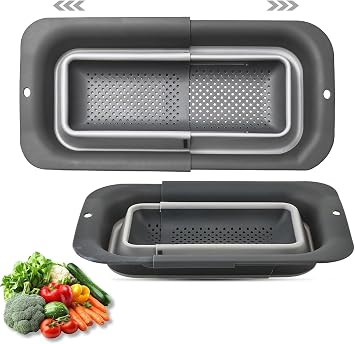 Kitchen Sink Fruit Strainer Basket Extendable Colander Adjustable Sink Drain Basket Foldable Washing Basket with Handles for Fruits Vegetables Pasta Washing Draining Storage Greyy