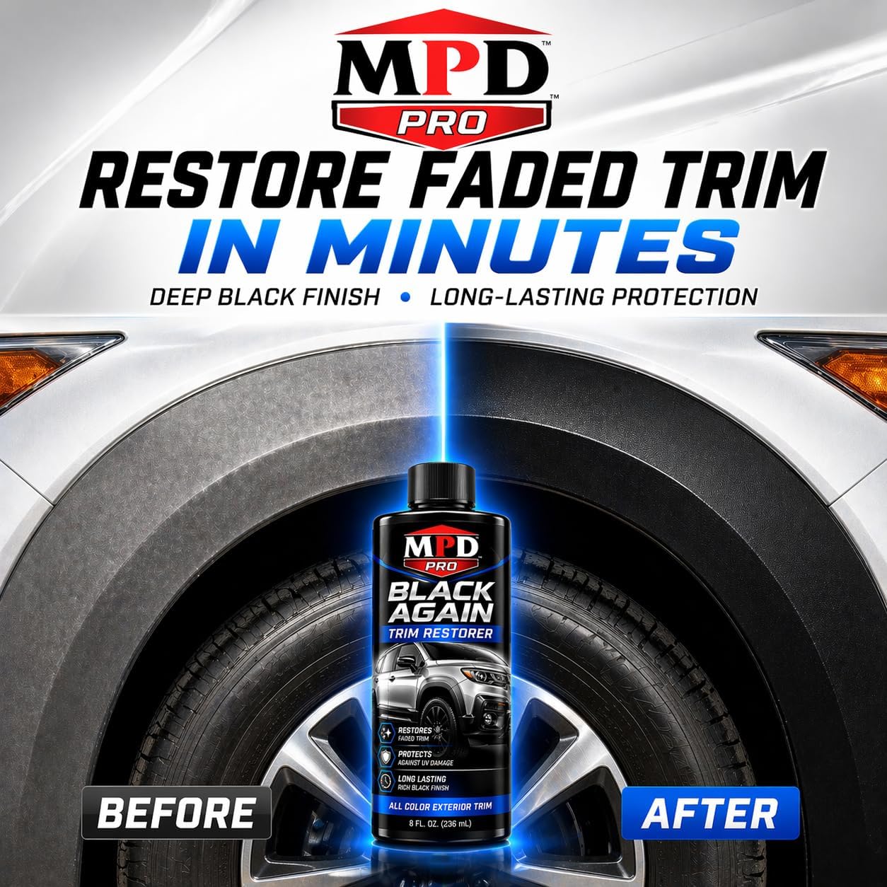 MPD Pro Black Again Trim Restorer for Cars – Restores Faded Plastic, Vinyl & Rubber Exterior Trim, Deep Black Finish for Bumpers, Mirrors & Moldings, UV Protection, Non-Greasy Formula, 8oz (Pack of 1)