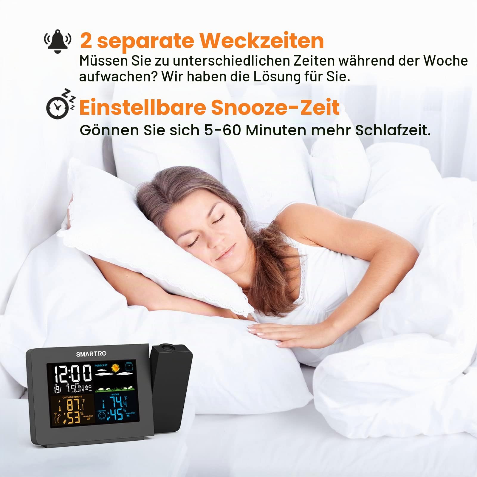 SMARTRO SC91 Projektionswecker für Schlafzimmer mit Wetterstation, Innen-Außenthermometer, Temperatur-Luftfeuchtigkeits-Monitor-Anzeige Hygrometer