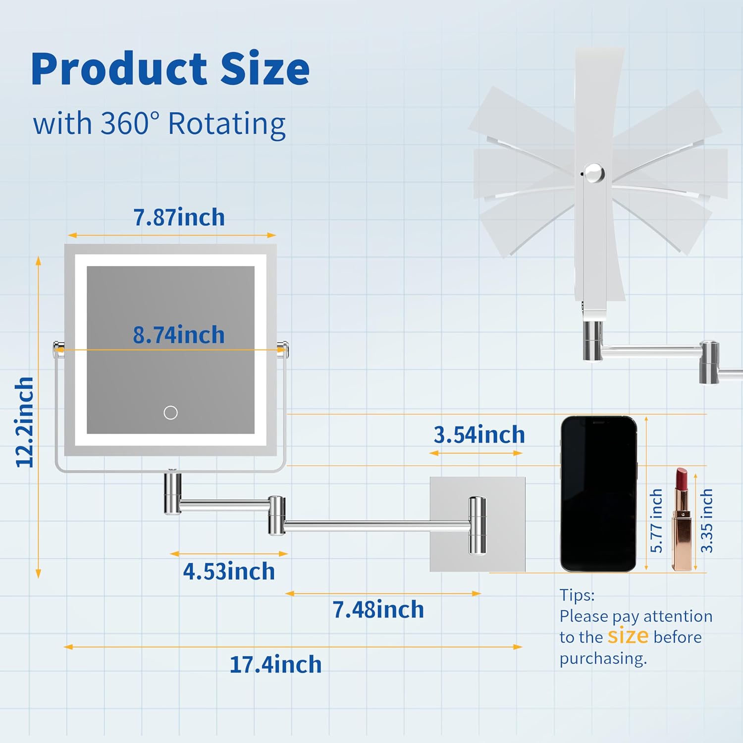Ruacq Rechargeable Wall Mounted Makeup Mirror with Lights, Double Sided 1X/10X Magnifying Vanity Mirror with 3 Color Lighting, Touch Screen Dimmable, 360° Rotation Extension Foldable Arm(Chrome)