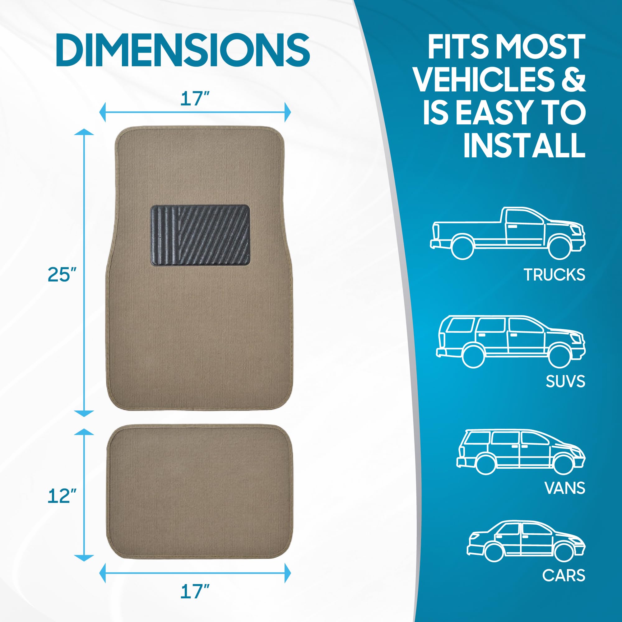 BDK Premium Medium Beige Carpet Floor Mats for Cars - Universal Fit Interior 4-Piece Car Mats Full Set — view 7