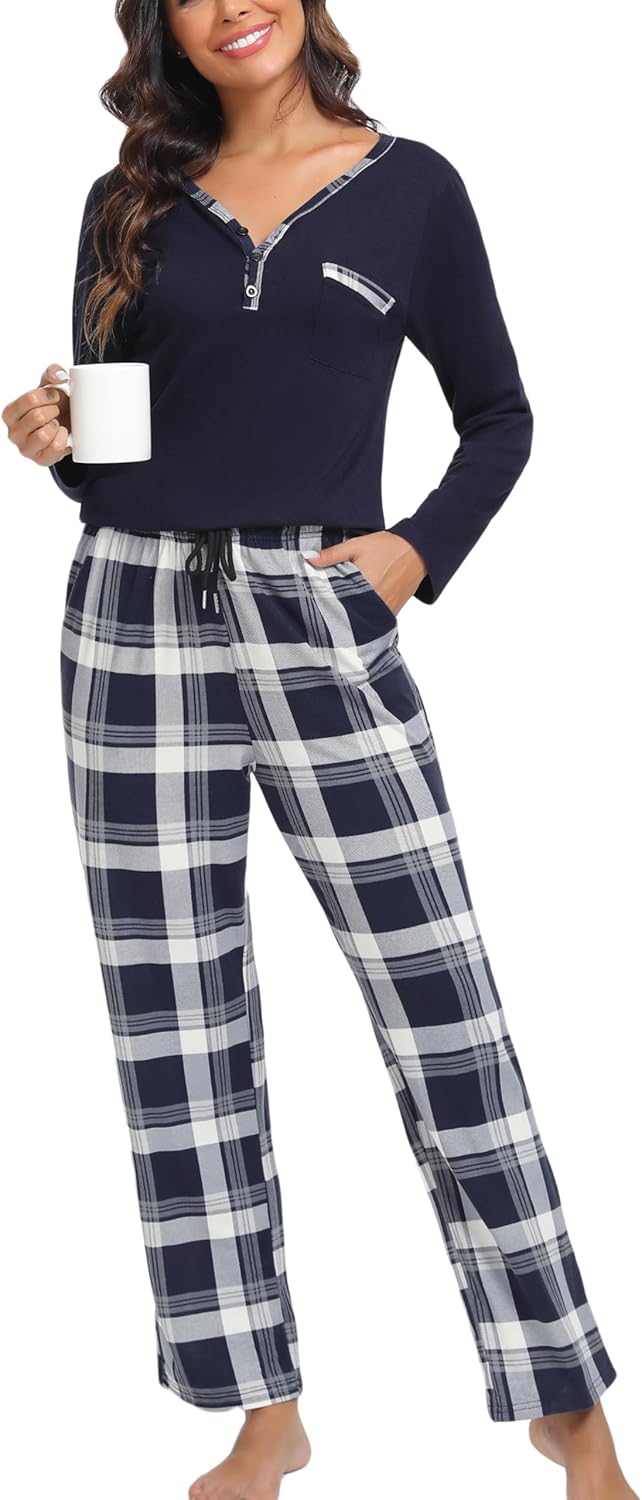 Womens long Sleeve Pajamas Sets 2 Piece Tops and Plaid Pants PJ Set Loungewear Sleepwear with Pockets - Image 4