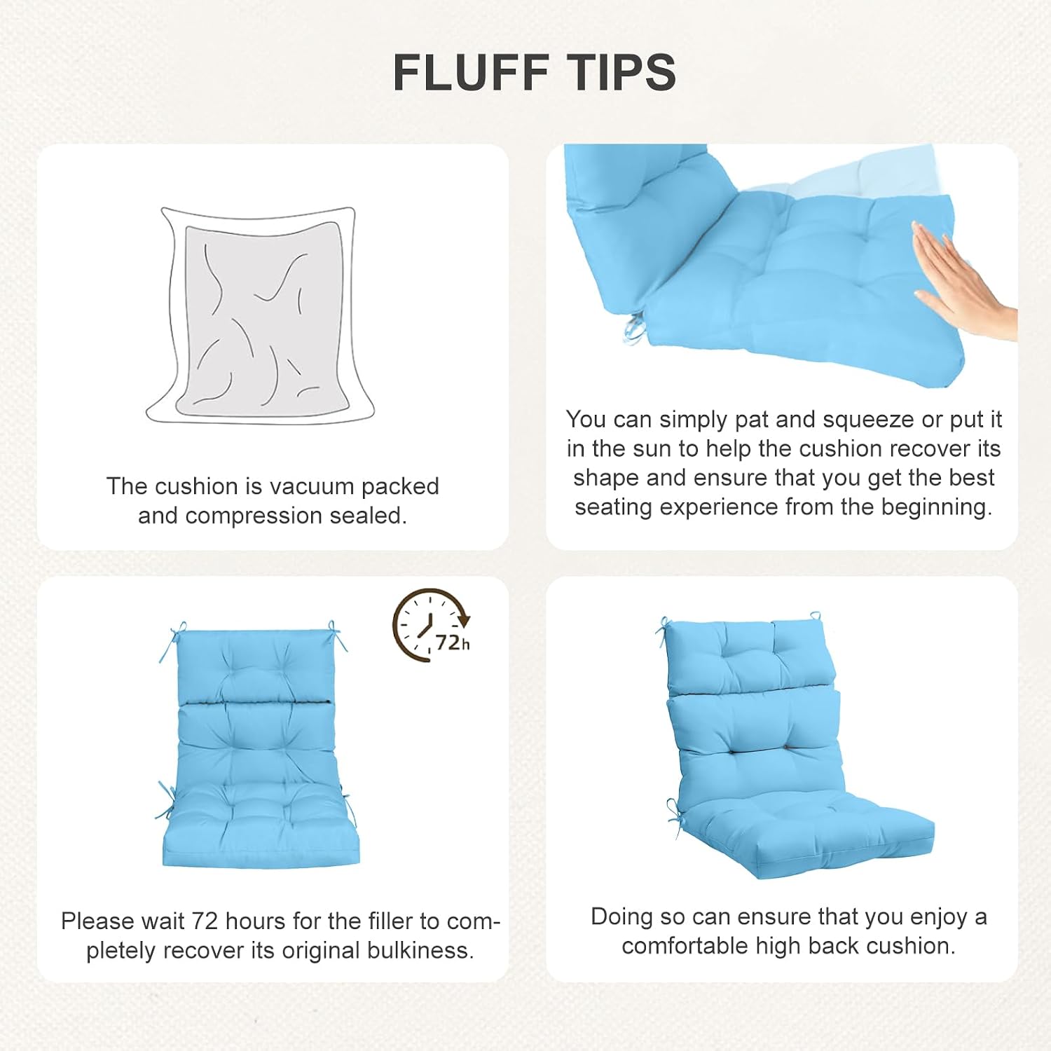 Outdoor High Back Chair Cushions 2-Pack, 44"x22"x 4" Fade-Resistant Waterproof Tufted Pads with Ties for Patio Rocking & Adirondack Chairs (Sky Blue)