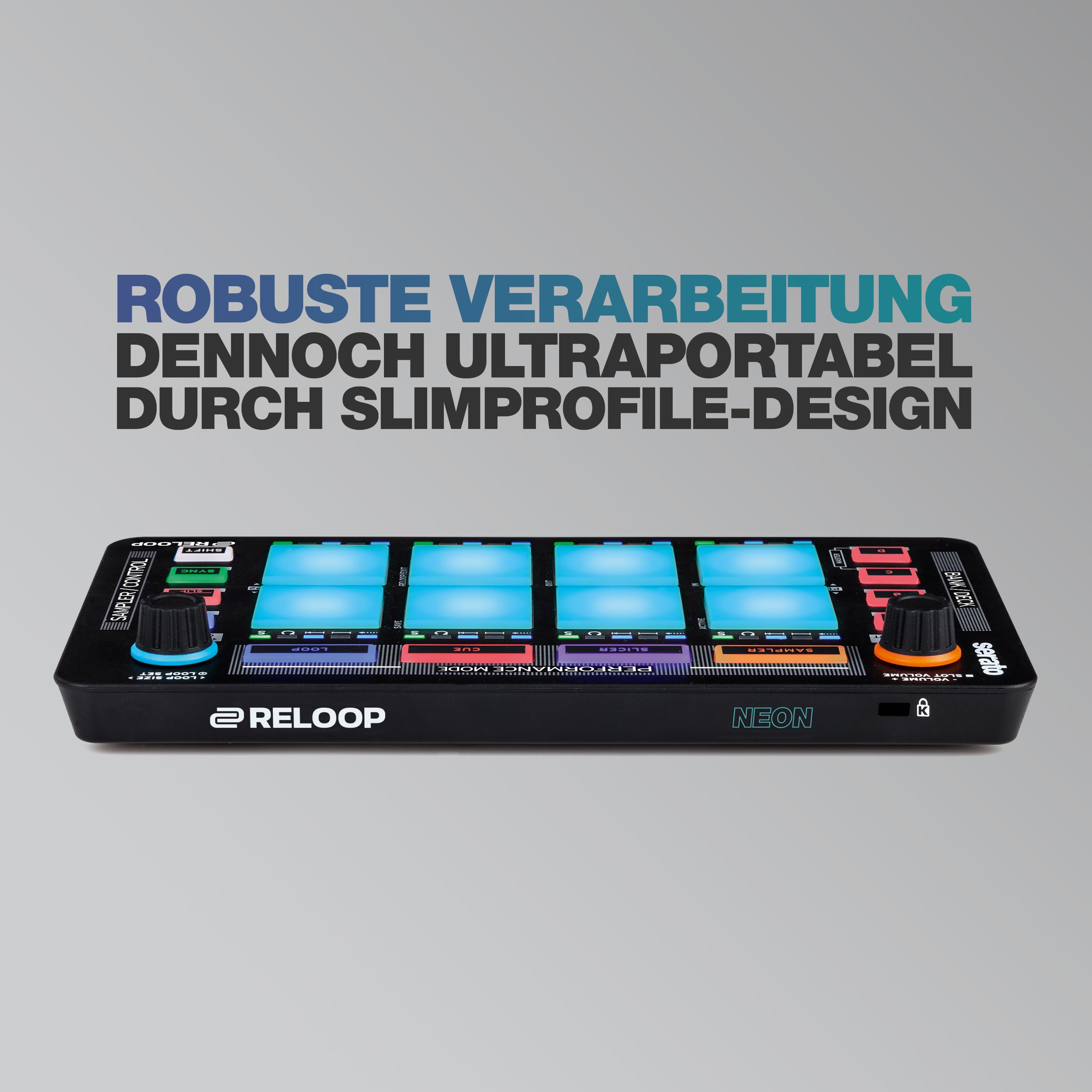 Reloop Neon - DJ MIDI Pad Controller mit 8 anschlagdynamischen RGB-Performance-Drumpads, Plug and Play mit Serato DJ Pro, (schwarz)
