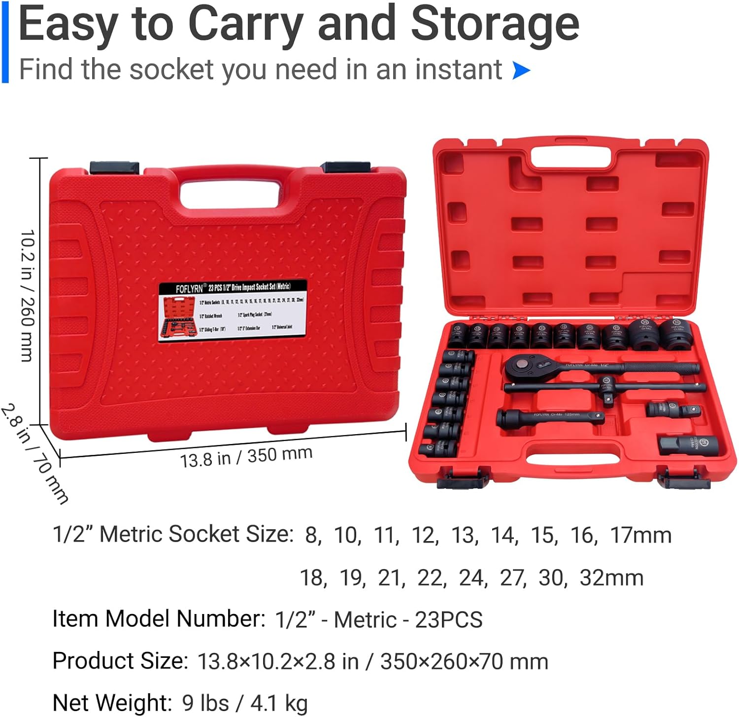 1/2" Drive Impact Socket Set,6-Point Metric Socket Set (8-32mm),23PCS Cr-Mo Material High Durability Deep Socket Set with Ratchet Wrench,Sliding T Bar,Universal Joint,Extension Bar and Storage Case.