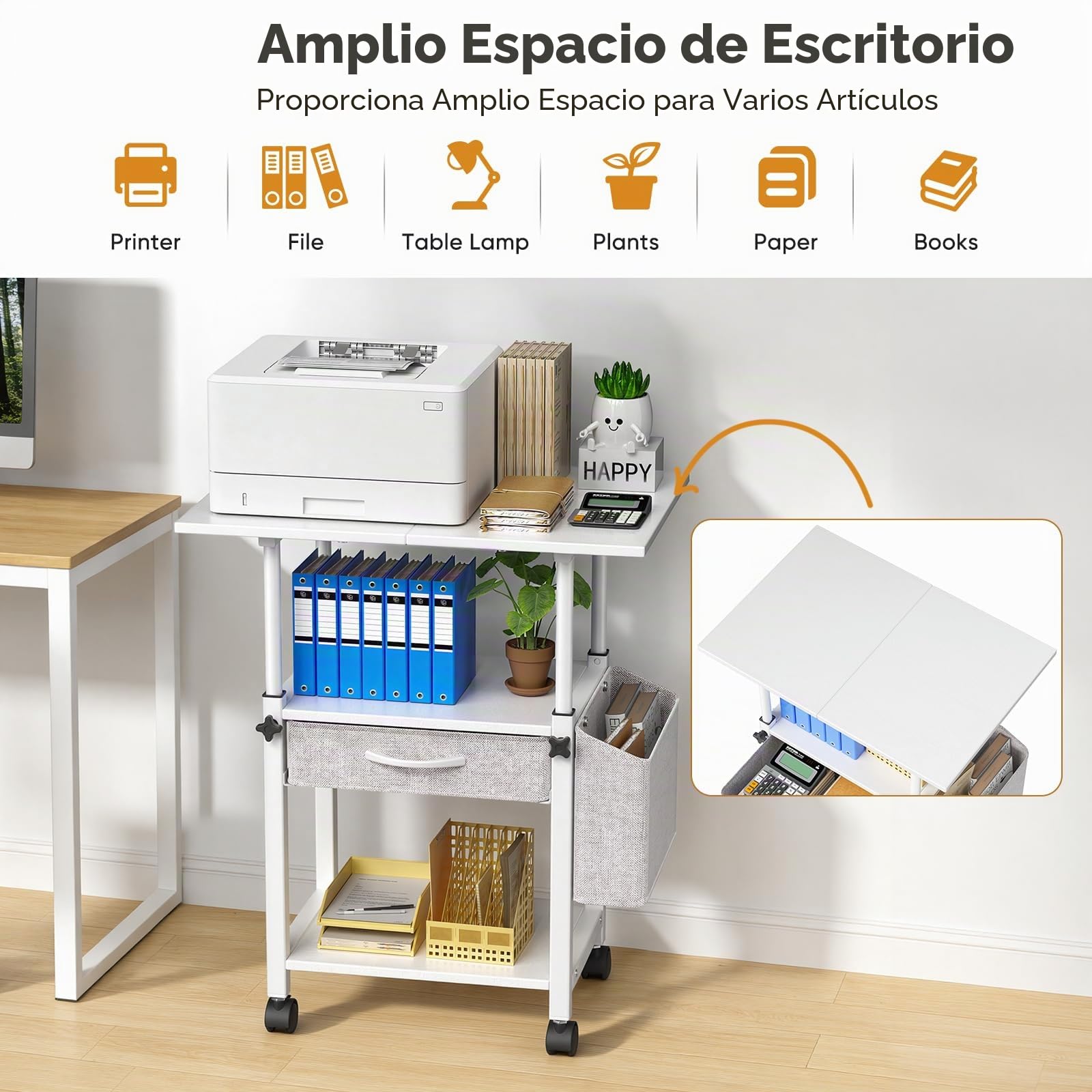Mesa de impresión con ruedas Soporte de impresora de 3 niveles, mesa de impresora con cajón y bolsillo lateral, carrito grande con ruedas con estante ajustable para oficina y hogar (1)