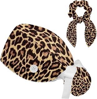 FVQL 2 Pieces Surgical Cap for Long Hair Scrub Cap with Hairband Nurse Cap, Leopard Print Pattern Art