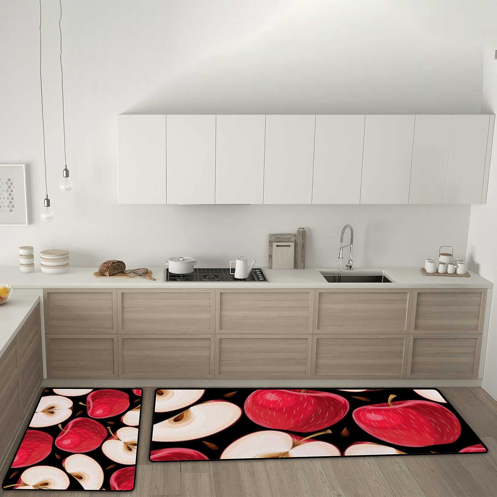 Kitchen Rugs and Mats Set of 2 Pieces Anti Fatigue Standing Mat Watercolor Red Apple Black Non Slip Washable Comfort Flooring Carpet Runner for Kitchen Home