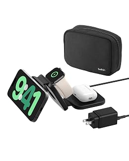 Belkin MagSafe Charger Compatible 3-in-1 Magnetic Charging Travel Pad 15W-BoostCharge Pro Foldable Qi2-Certified Wireless Charger, MagSafe-Compatible Charger for iPhone 16 Series, Apple Watch, AirPods