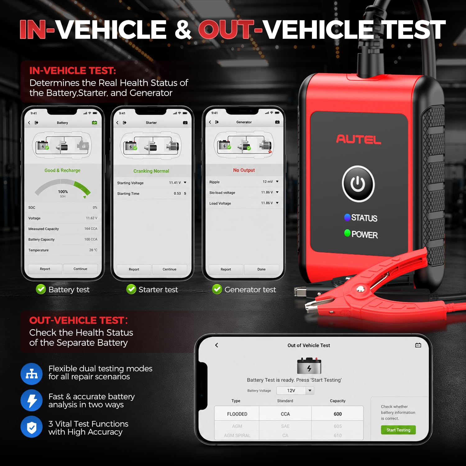 Autel MaxiBAS BT506 Batterietester, 6V 12V 100-2000 CCA Autobatterie-Analysator, Start-und Ladetest, digitales Batterielast-Testgerät für alle Fahrzeuge, Batterietest im Fahrzeug/außerhalb Fahrzeugs