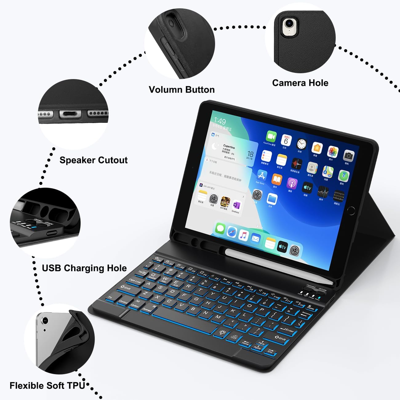 for iPad 9th 8th 7th Generation Case with Keyboard 10.2" - 7 Color Backlit Wireless Detachable Folio Keyboard Cover with Pencil Holder, Compatible with iPad Pro 10.5”/Air 3rd Gen (Black)