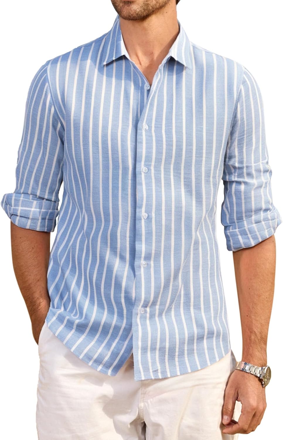 Esabel.C Men's Linen Casual Button Down Shirts Long Sleeve Striped Cotton Regular Fit Beach Wedding Shirts