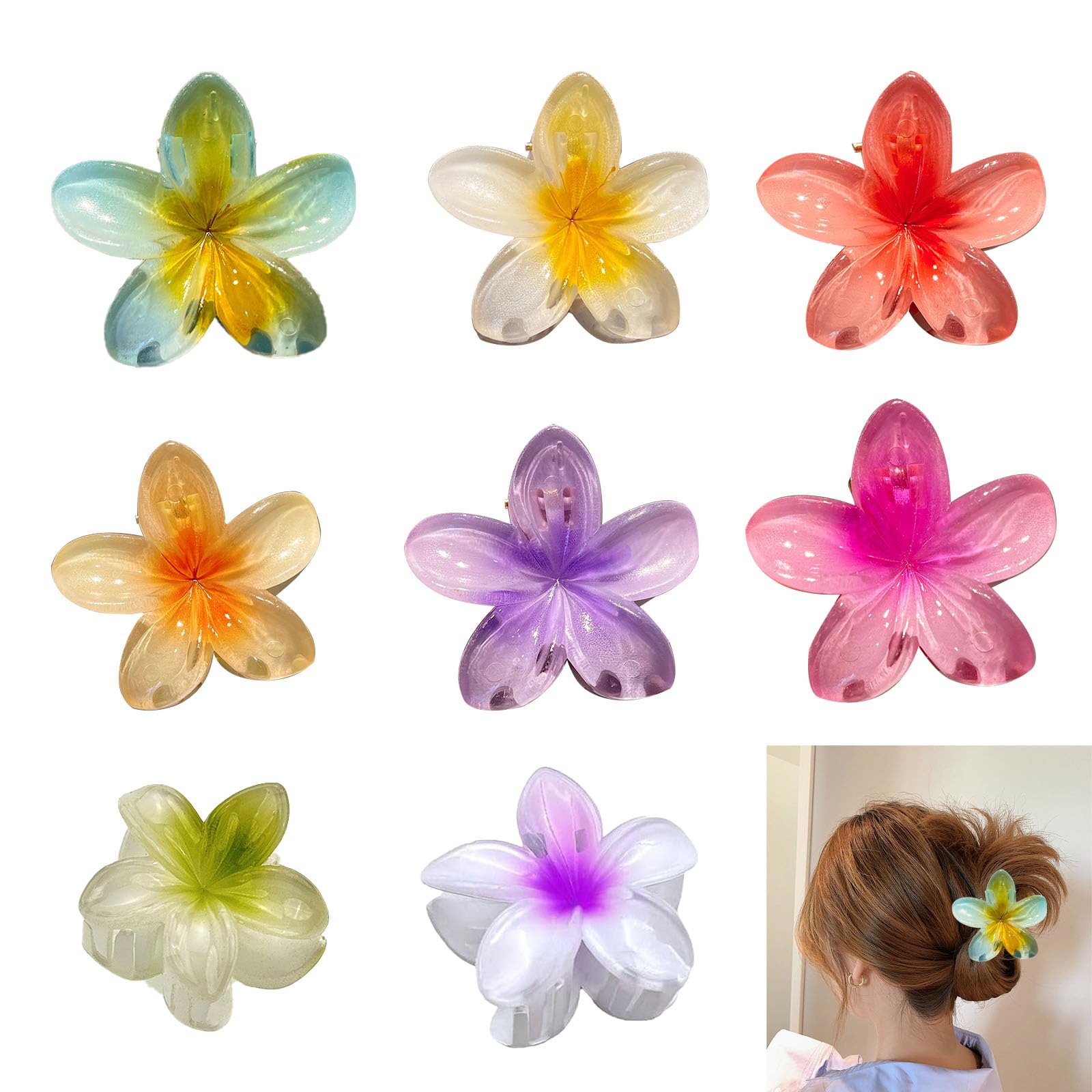 Blumen-Haarklammern-Set – 9 Stück In Rosa, Blau, Gelb – Für Dicke & Dünne Haare, Größen 8 Cm & 4 Cm – Aus Kunststoff & Harz, Mit Federverschluss