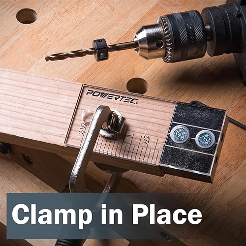 Miniatura 3 de POWERTEC 71716 Plantilla de perforación de clavijas con marca testigo cortada con láser, escala de profundidad incluida, broca cobalto M-35 y collar