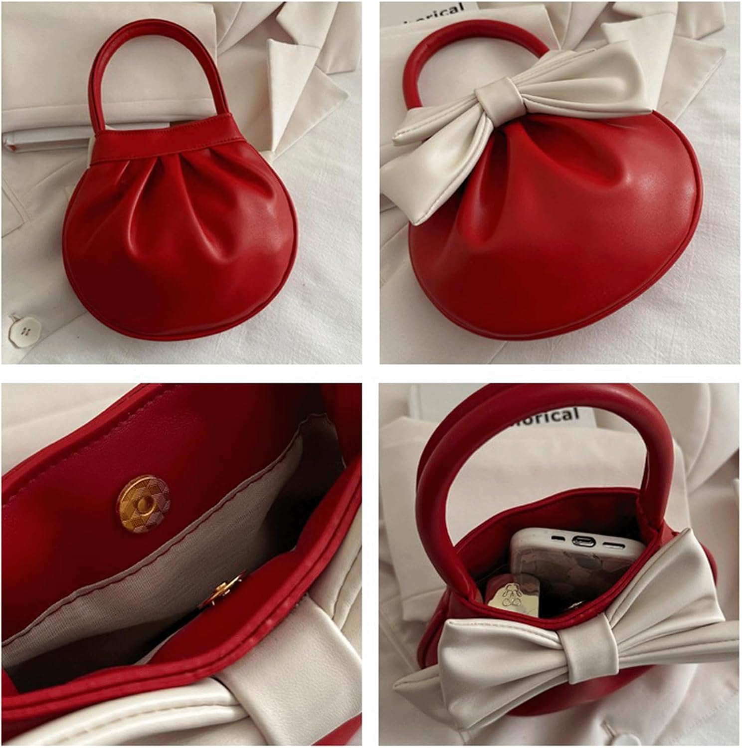 Mini Bow Purse Women Cute Pleated Faux Leather Top Handle Handbag Y2K Retro Chic Pocketbooks - Image 5