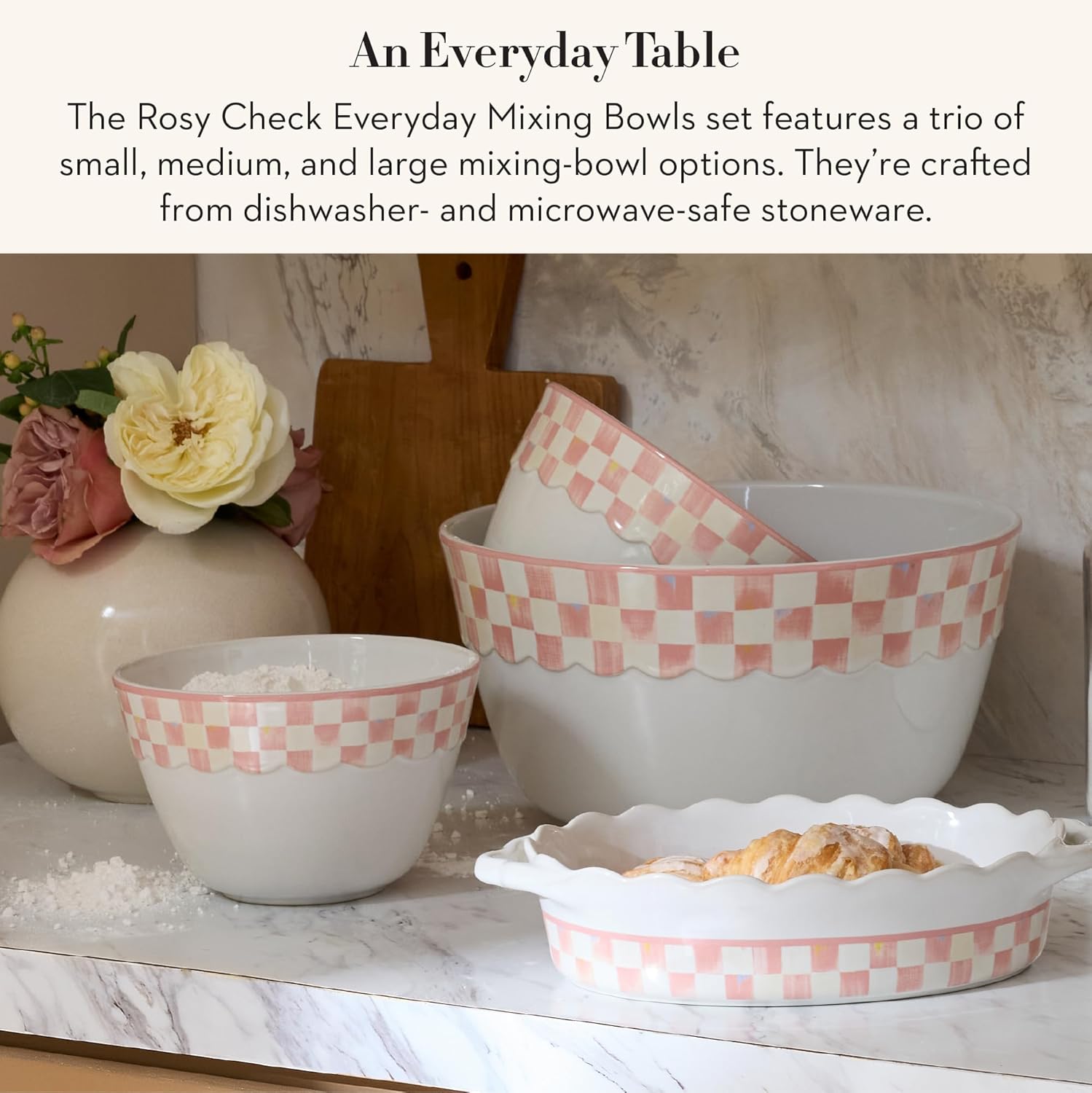 MACKENZIE-CHILDS Set of 3 Everyday Mixing Bowls, Small, Medium, and Large Stoneware Bowls for Kitchen Use, Pink-and-White Rosy Check
