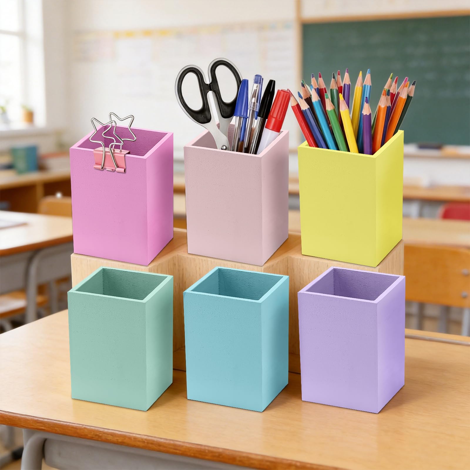 Lebaley Lot de 6 porte-crayons pastel pour salle de classe – Joli pot à crayons en bois pour la rentrée scolaire, distributeur de crayons pour enseignant, étudiant, bureau, décoration de la maison