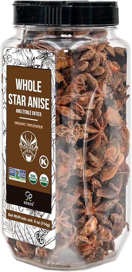 Soeos Organic Star Anise, Whole Star Anise 4 oz (114g), Chinese Star Anise Pods, Star Anise Organic Whole, Non-GMO Verified, Dried Star Anise for Beverages, Cooking, Baking