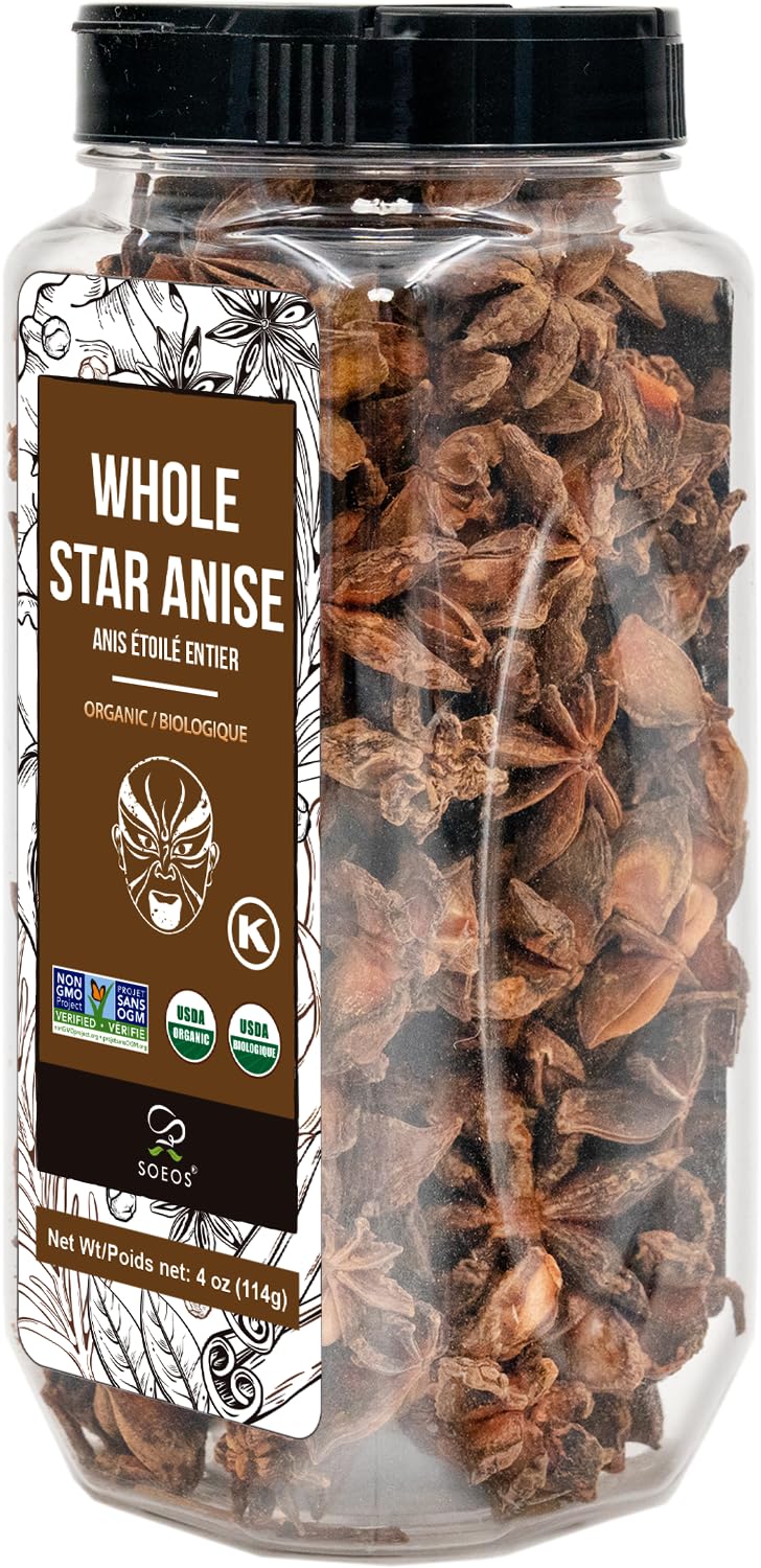Soeos Organic Star Anise, Whole Star Anise 4 oz (114g), Chinese Star Anise Pods, Star Anise Organic Whole, Non-GMO Verified, Dried Star Anise for Beverages, Cooking, Baking