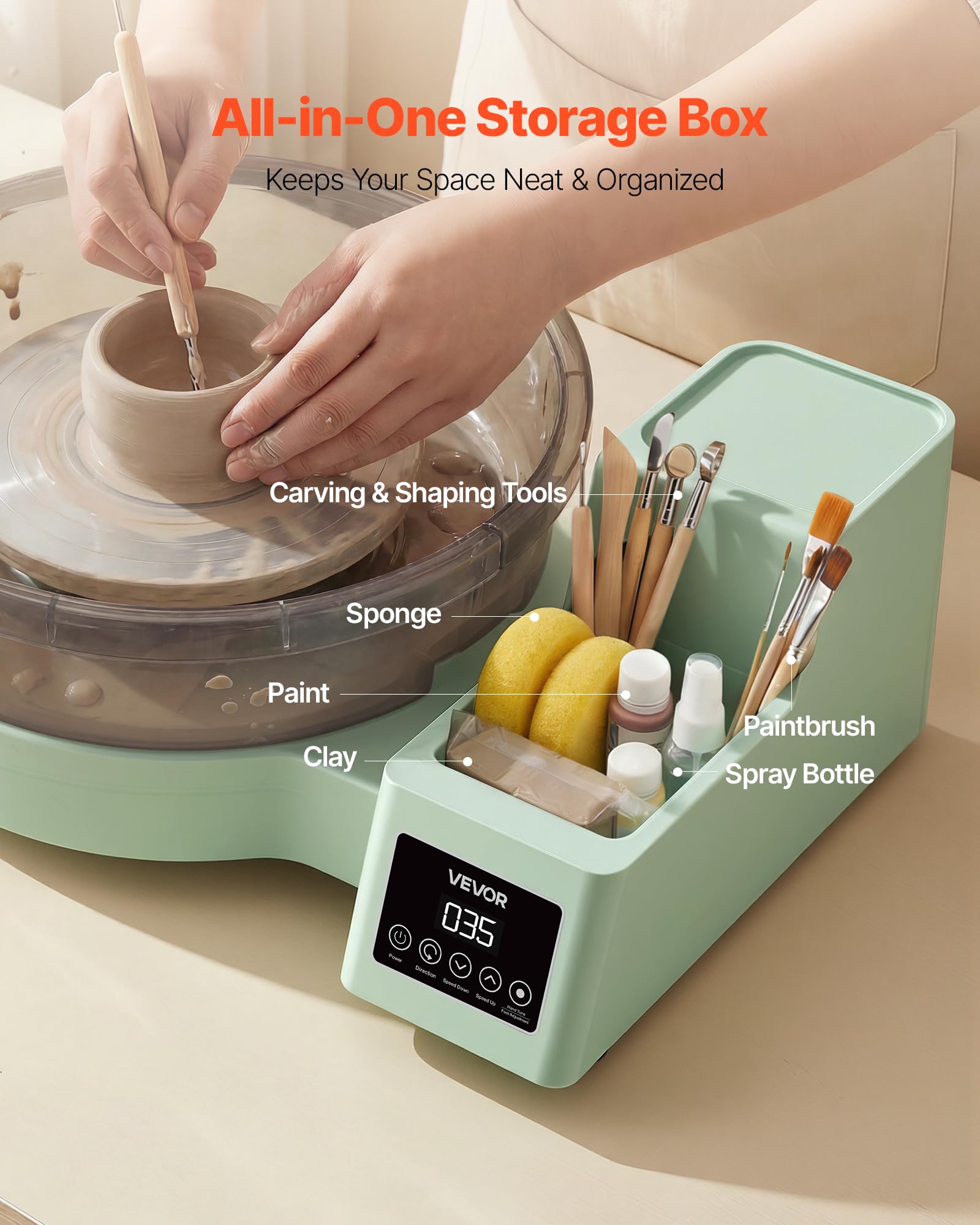 VEVOR Tornio Girevole da 36 e 28 cm Verde Vasca Rimovibile, Giradischi per Ceramica da Tavolo da 450 W con Pedale, velocità Regolabile da 30 a 300 Giri/min, per Principianti Artigianato Fai da Te