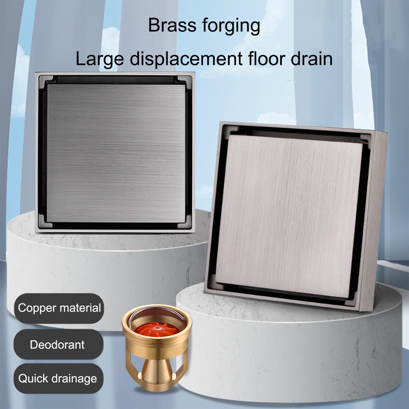 Siphon De Sol Carré De 4 inch, Laiton Résistant Aux Odeurs Invisible Type D'insertion De Carrelage Siphon Douche Droit, avec Filtre À Cheveux, Convient pour Salle De Douche Et Toilettes,3.93 inch,A