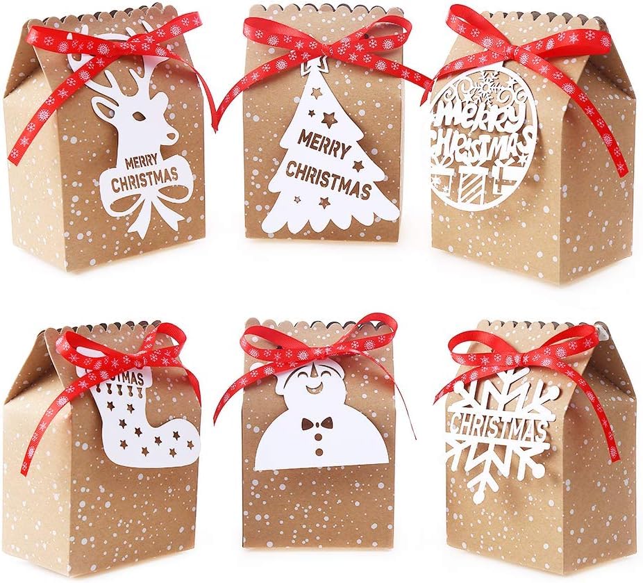 DERAYEE 24 Packung Weihnachten Kraft GeschenkBoxen für Xmas Party Dekoration mit 24 weißen Tags und Band Krawatten (6 Stile)