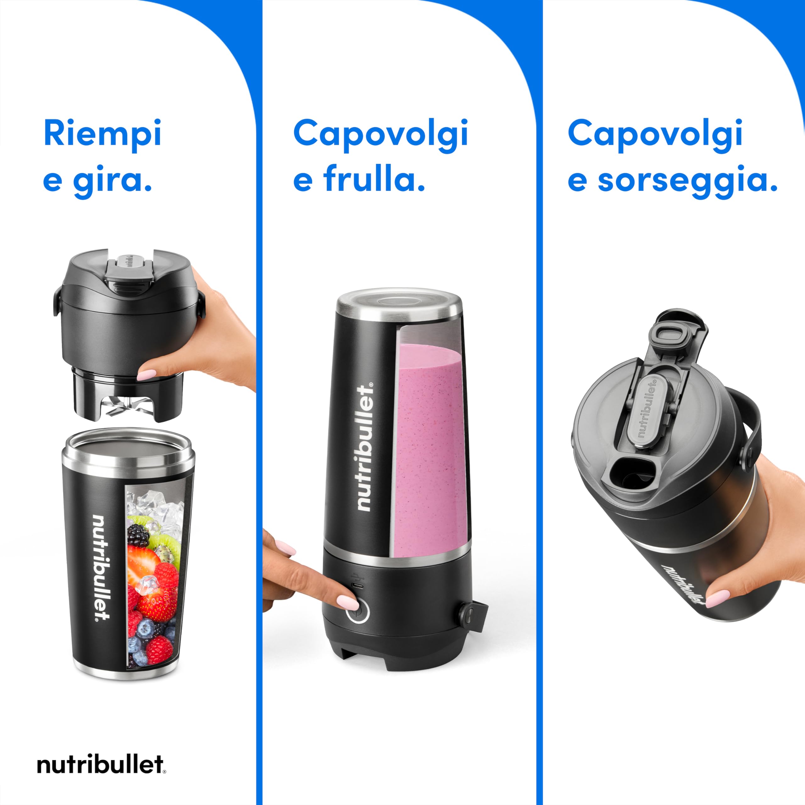 nutribullet Flip NBP016B, Frullatore Portatile Con Tazza Isolante Da 590ml, Mantenimento Freddo Per 24h, Frulla Il Ghiaccio, Inclusi Coperchio E Cannuccia, Ricarica USB-C, Acciaio Inossidabile, Nero