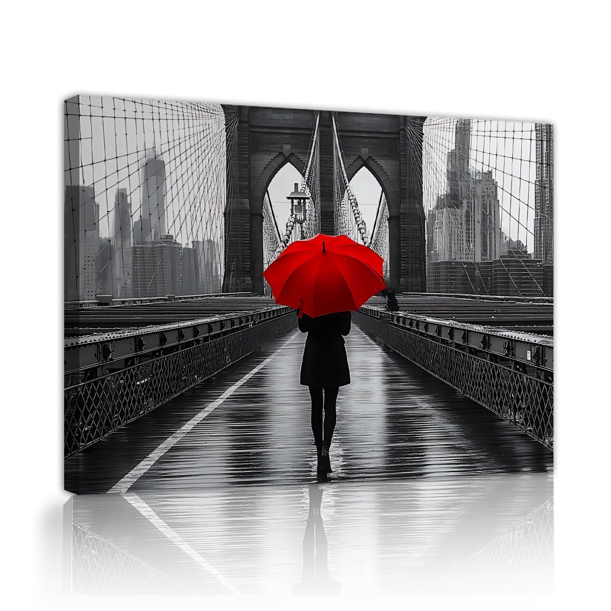 SHENGPOSTER Nowoczesny miejski plakat sztuka ścienna czerwony parasol wydruki na płótnie pieszy i most dekoracja ścienna czerwono-czarno-szary do salonu biuro wnętrze 32 x 42 cm