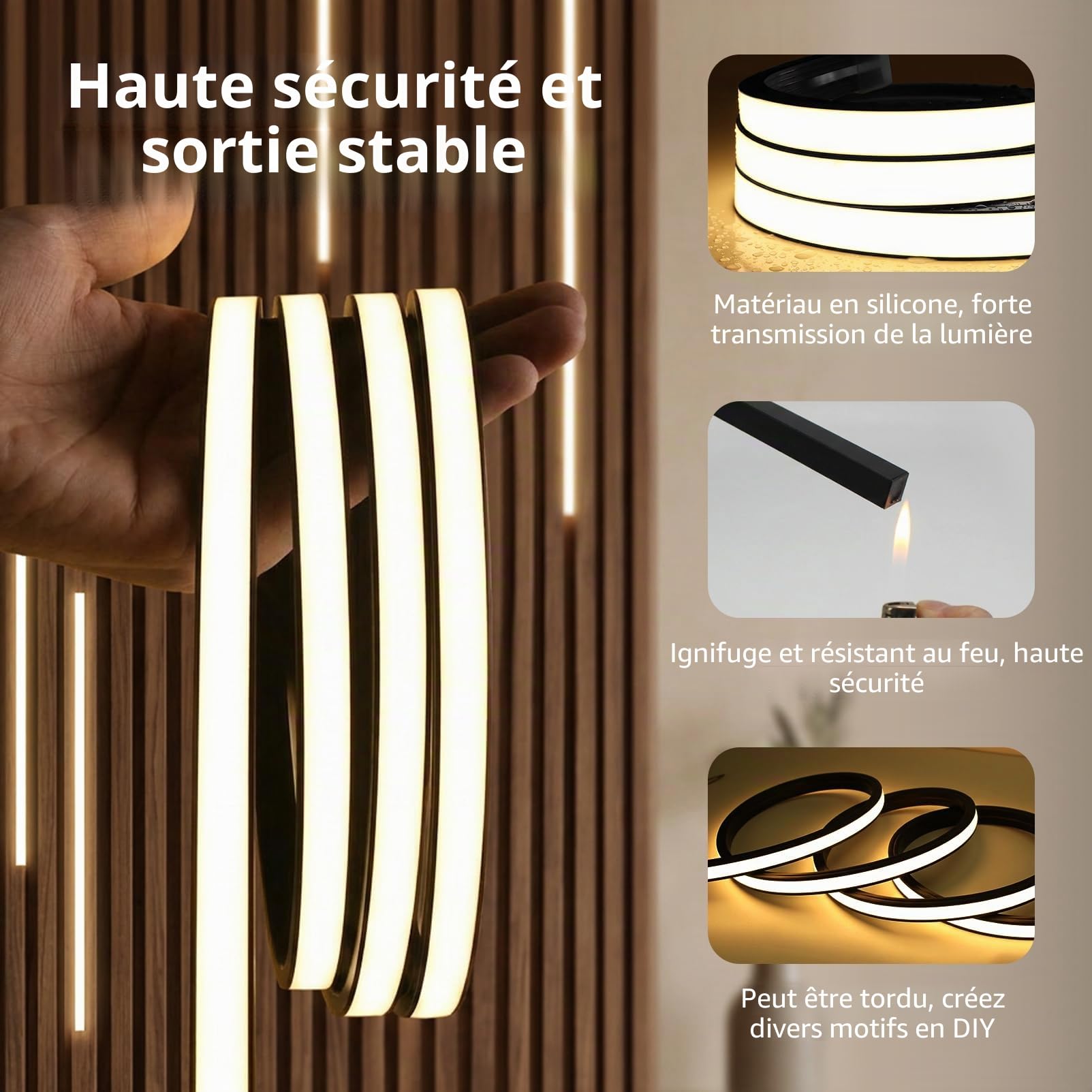 10m Noir Ruban LED Bande Panneau Acoustique Bois 220V Sans Prise