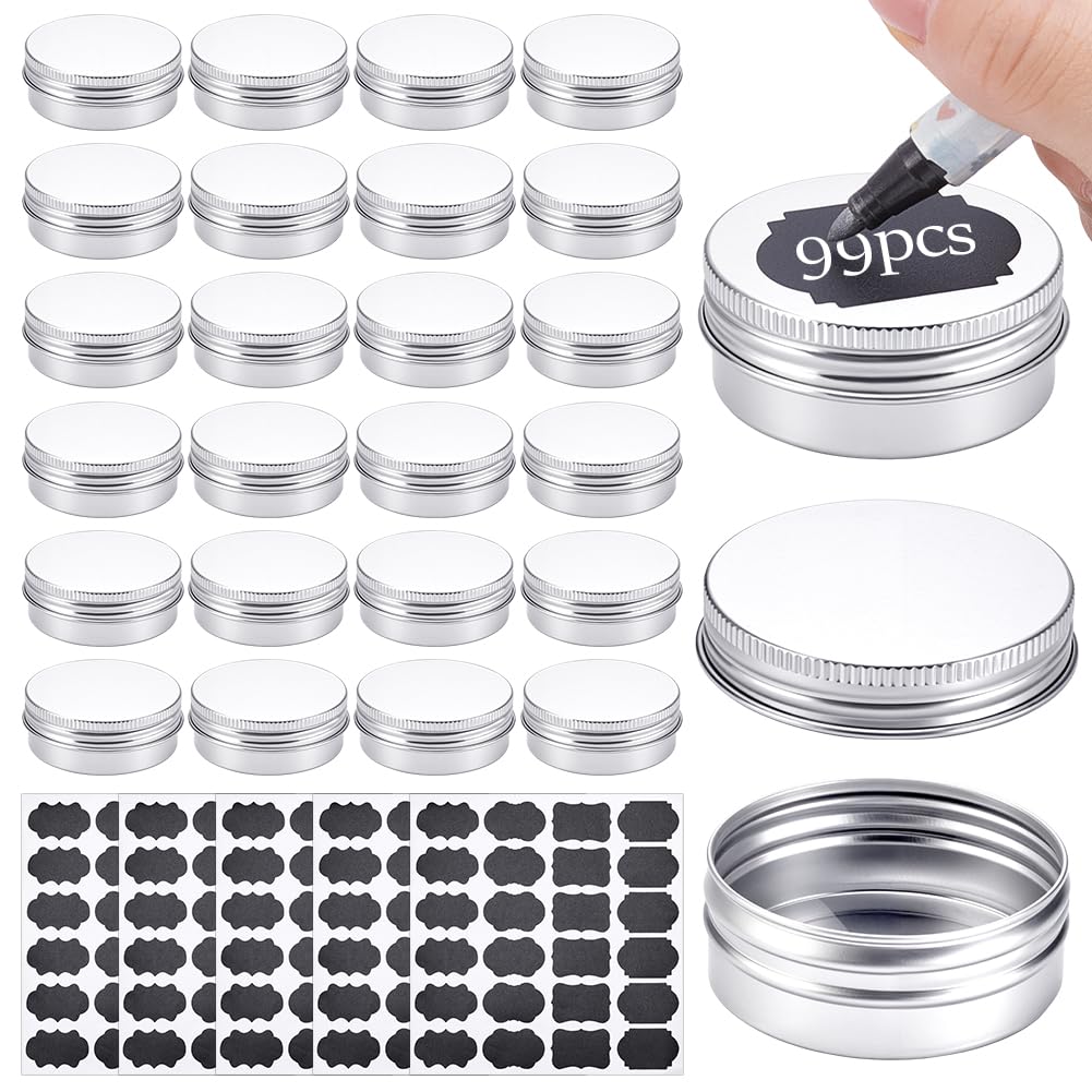 99 boîte de Conserve Ronde Contenants en Aluminium de 30 ML avec Couvercle à Vis Petites Boîtes avec 5 étiquettes en Papier Contenants Cosmétiques de Voyage pour Baumes (Argenté)