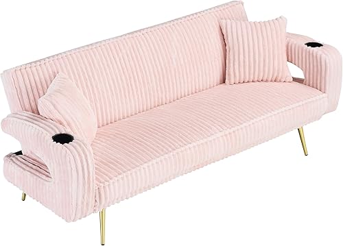 Miniatura 8 de Sofá cama convertible tapizado de pana con portavasos, sofá cama futón con 3 respaldos reclinables y almohadas, sofás modernos y cómodos para sala