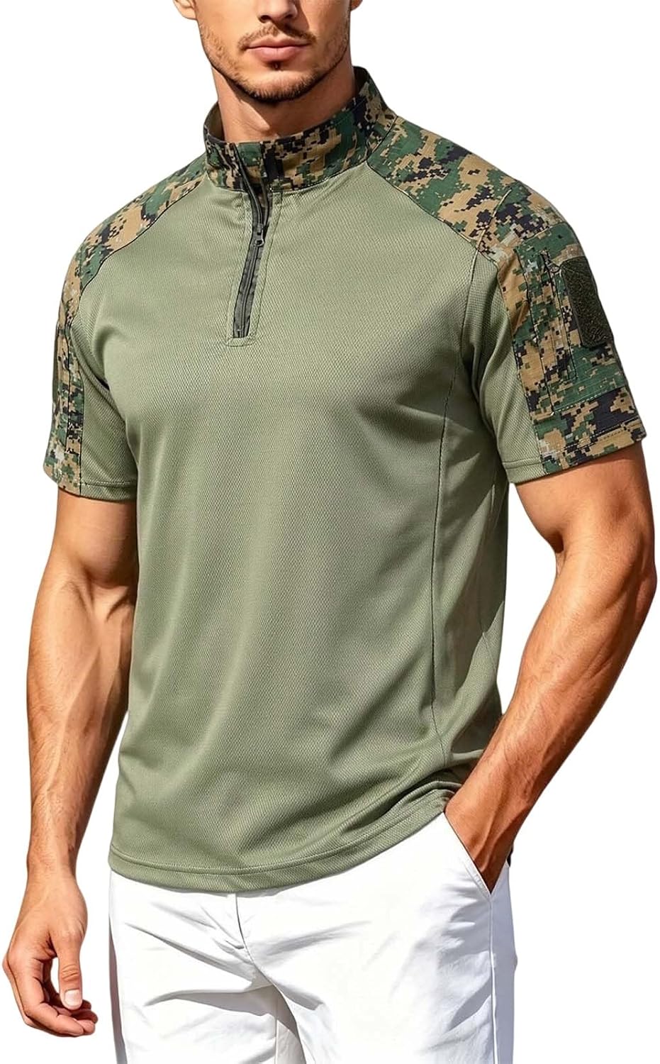 Men Short Sleeve Quarter Zip Tactical Combat Shirt,Pocket Security Top