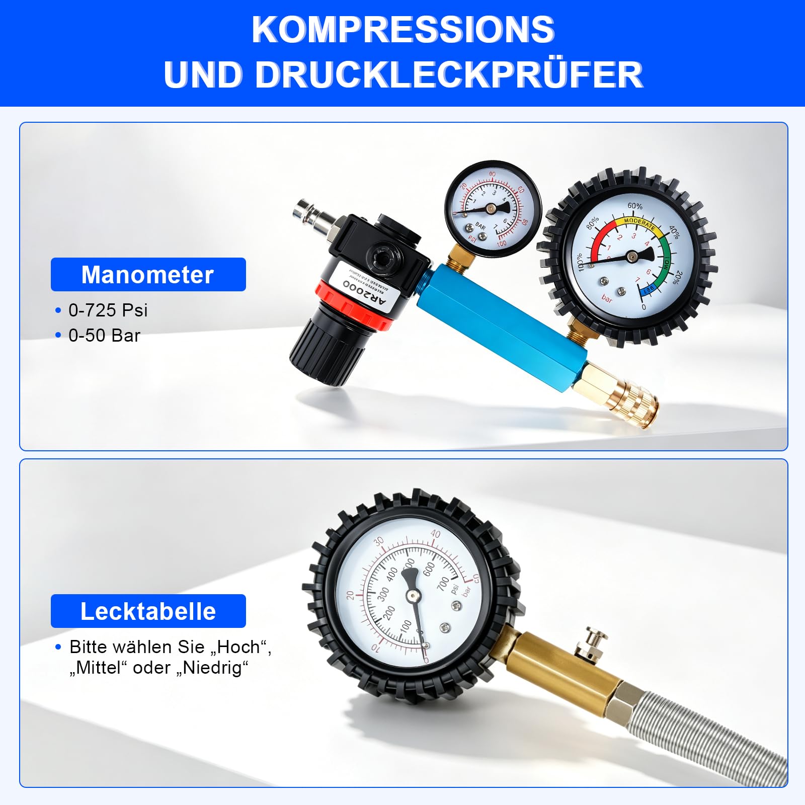 Tester di compressione professionale, 46 pezzi, 0-50 bar (0-725 Psi) per HDI, TDCi, tester di pressione di compressione diesel e motori a benzina, per auto, camion, moto, M8, M10, M12, M14, M20, M22