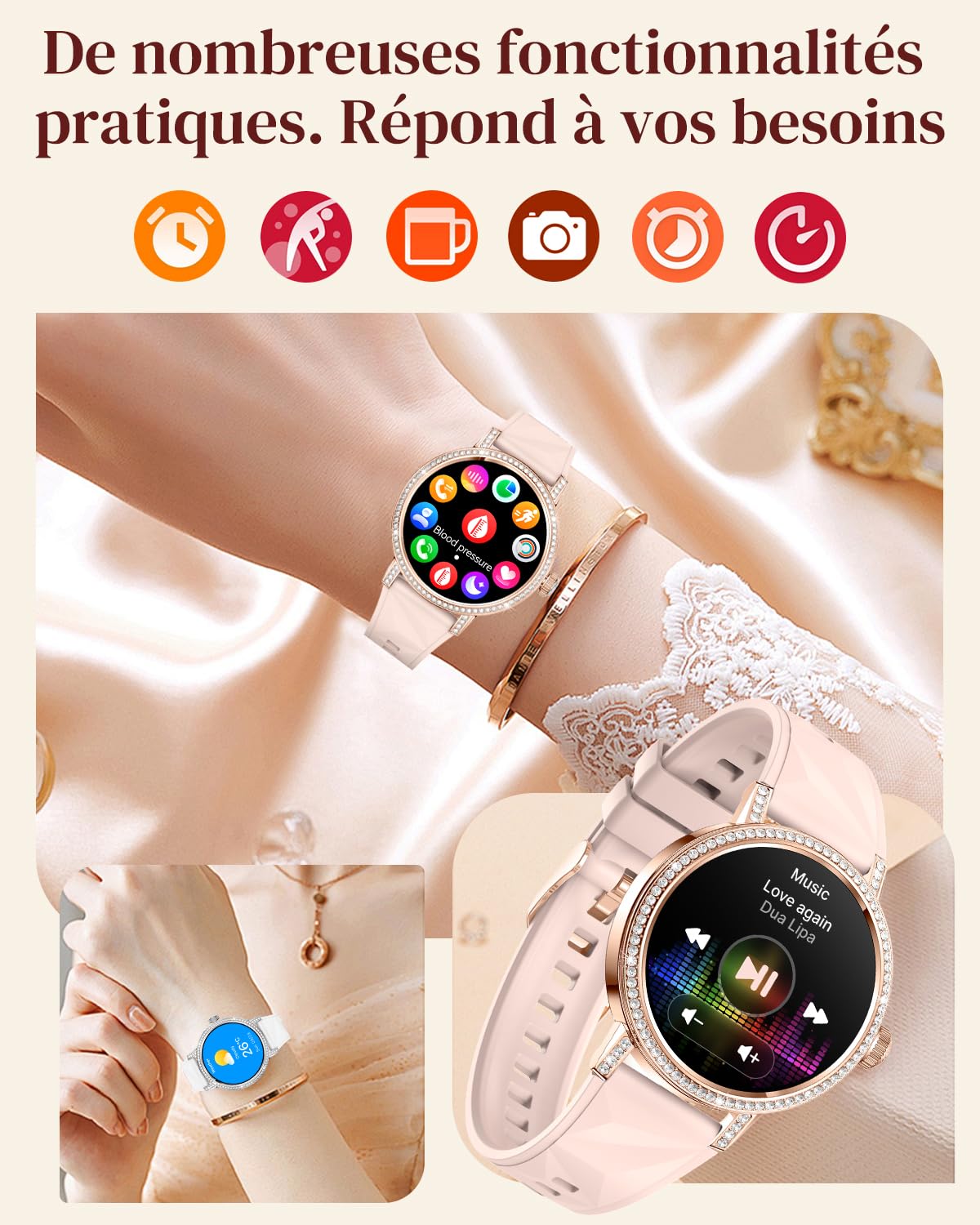 Montre Connectée Femme avec Diamant, Bluetooth/Sommeil/Fréquence Cardiaque