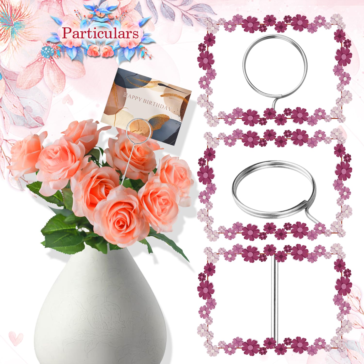 30 Stück Tischkartenhalter mit Blumenmuster, 33 cm, florales Kartenhalter, Metalldraht, Foto-Notizhalter, runder Blumen-Gastgeschenkkartenhalter für Hochzeit, Party, Kuchen (Silber, ​ 30 Karten)
