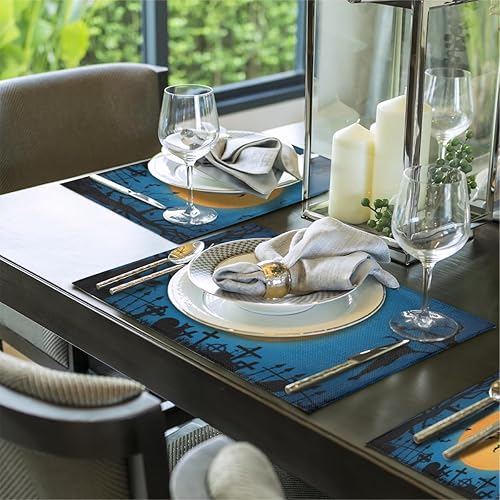 Miniatura 5 de Halloween Witch Broom Placemats Set of 6 Fabric Placemats Square Placemat for Kitchen Table Heat Resistant, Easy to Clean Table Placemats 12x18 Inch