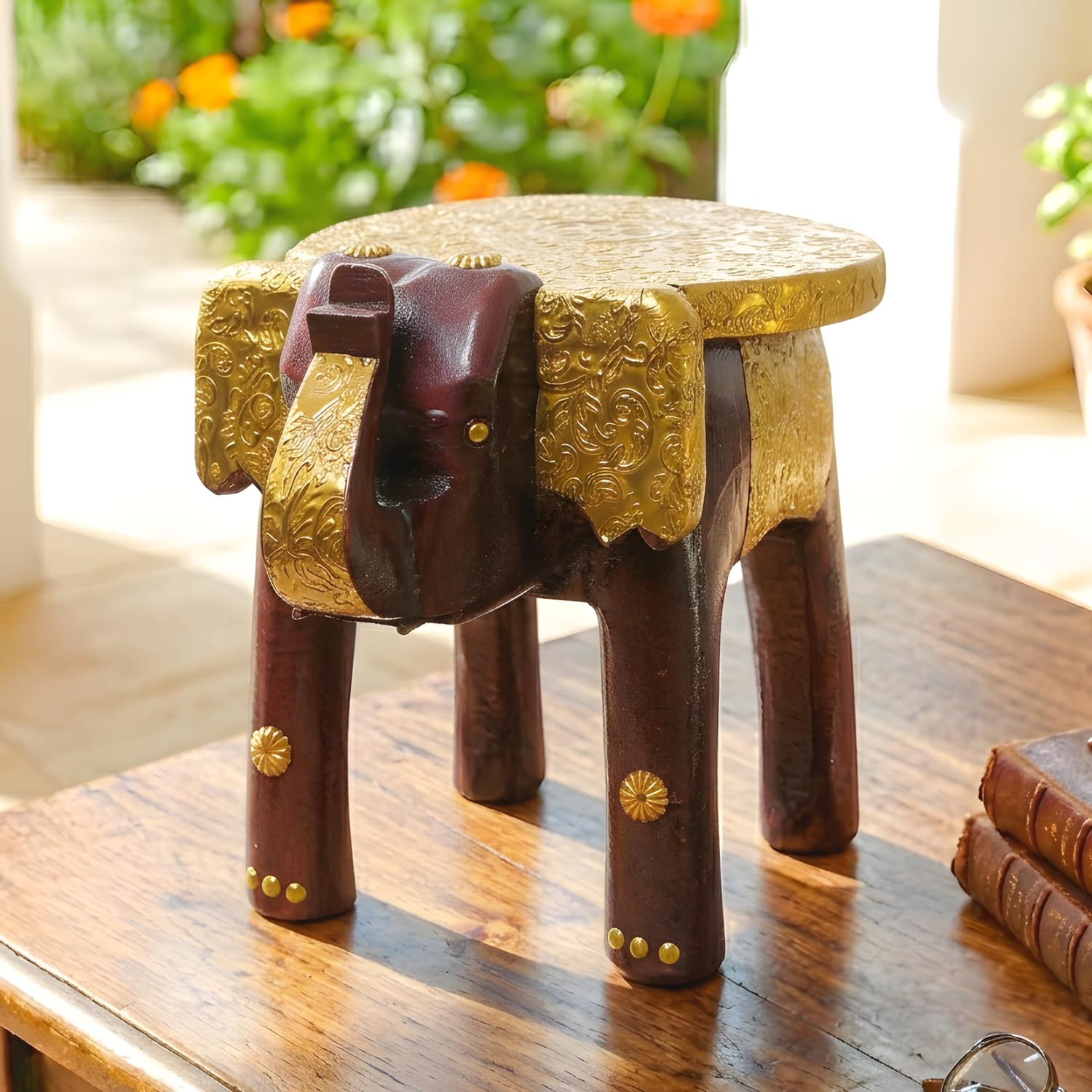 Handcrafted Wooden Elephant Small Showpiece Stool | 8 Inch Decorative Pure Brass Table Top | Traditional Gift for Home & Office Decor | Bedside Decor | Lamp & Plant Stand for Living Room Accent-image-15