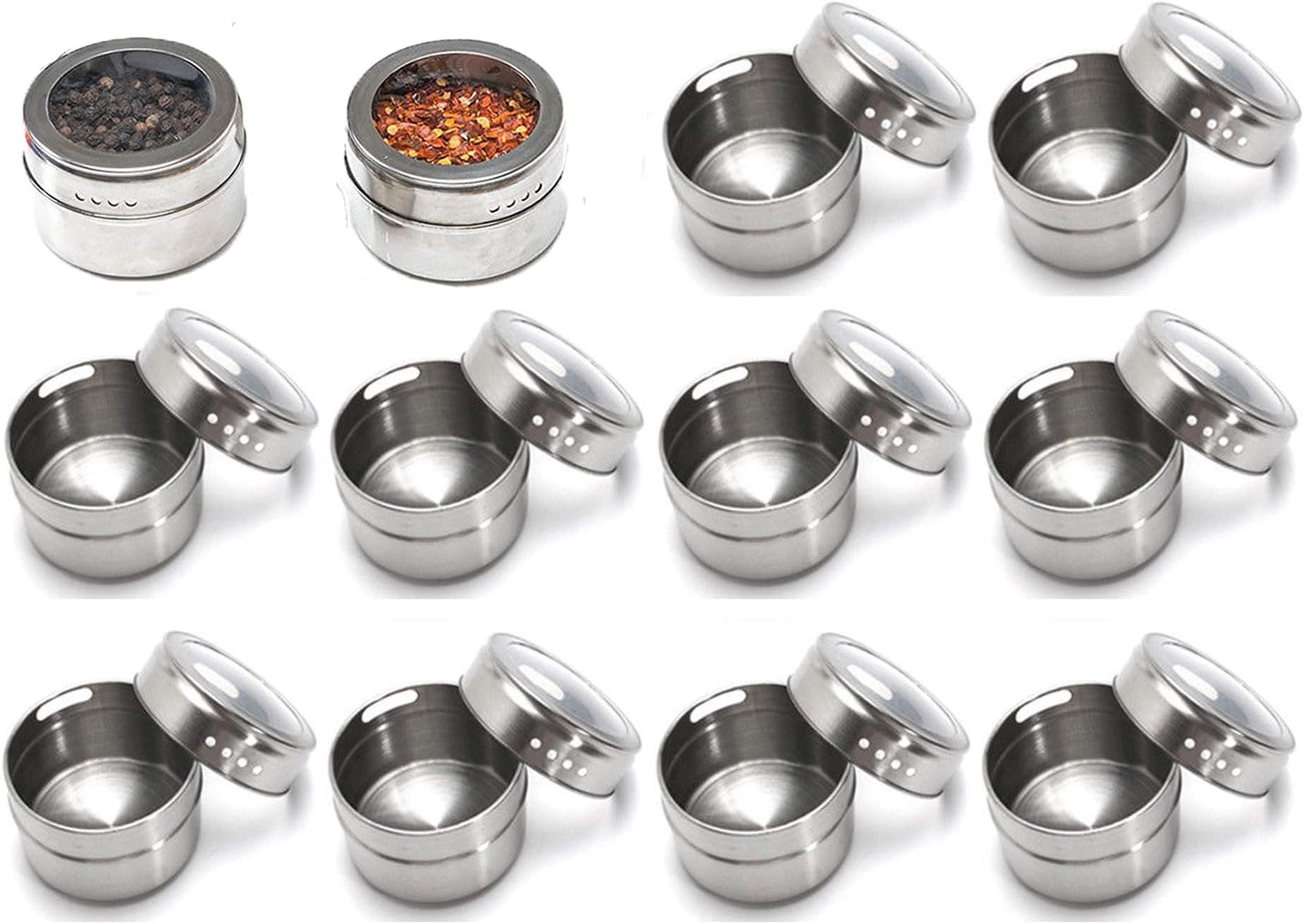Sonicee Magnetic Spice Tin,Stainless Steel Storage Salt Pepper Herbs Round Storage Container Jars with Clear Lid,Save Counter & Cupboard Space(12 pcs)