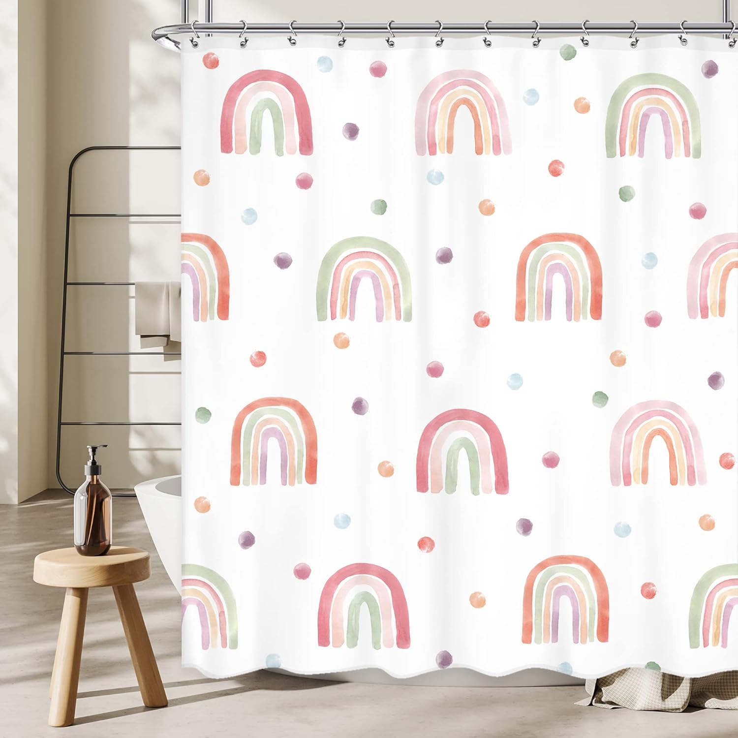 Ufeela Boho Rainbow Shower Curtain, Pink Polka Dot Shower