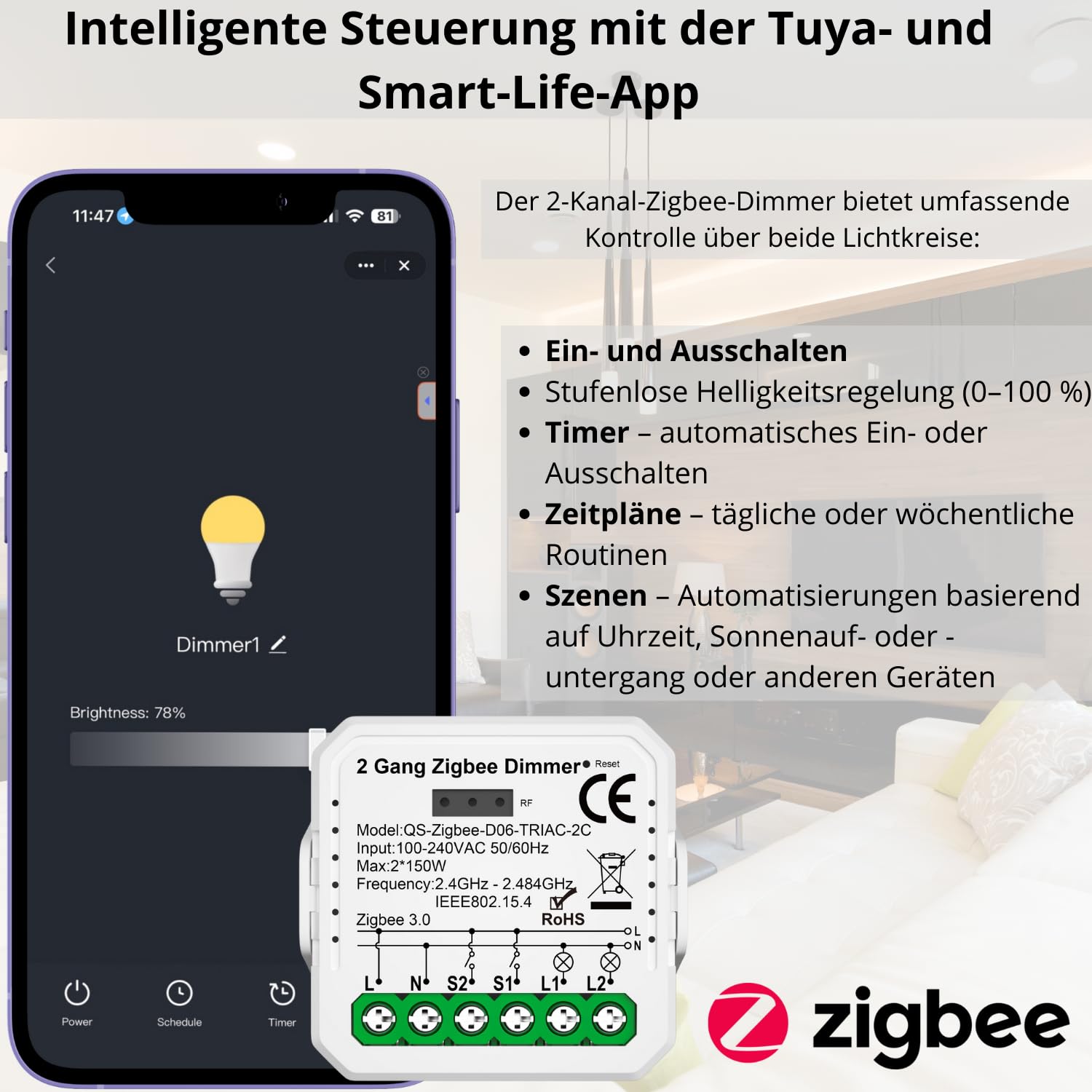 2 GANG Dimmer TUYA Zigbee MINI V3 regolatore di illuminazione