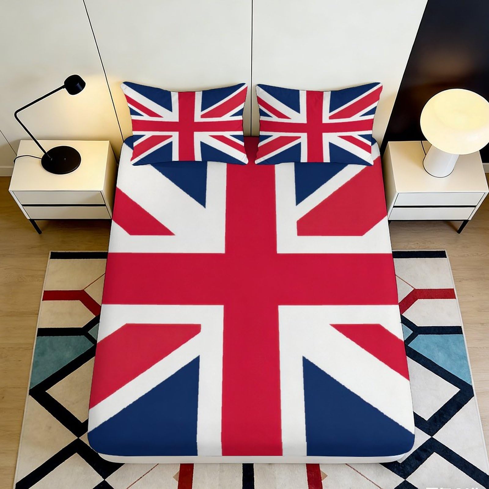 3D Printed Union Jack Fitted Sheet Microfiber Soft Durable British Flag Bed Cover for Bedroom Dormitory Guest Room Mattress Protection Decor 120x200x25cm