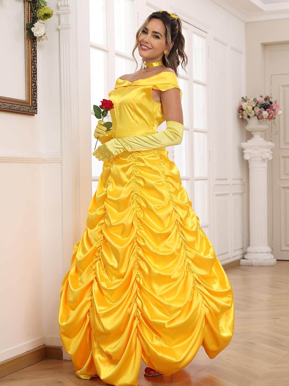 Poboola Belle Costume Women Adult Princess Costumes Halloween Cosplay Party Yellow Dress Long Dress Gown Beauty Outfit - Image 2