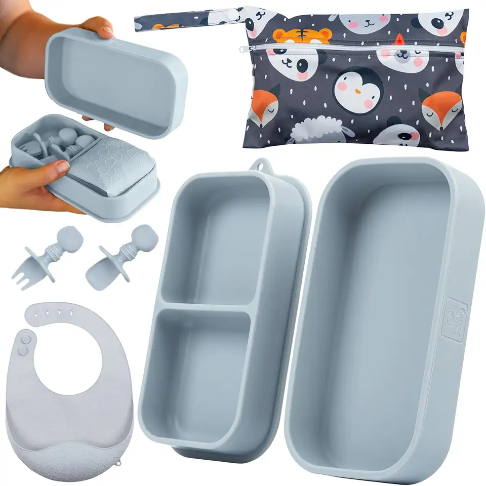 Travel Silicone Baby Feeding Set - Portable Toddler Feeding Supplies with Silicone Baby Spoon & Fork, Suction Plates for Toddler, Lightweight Foldable Baby Bib & Waterproof Storage Bag - 6 Piece Set