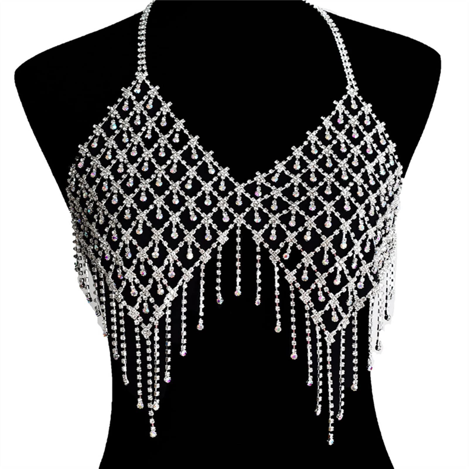 Party-Körperketten, sexy Strass-Quasten-Körperkette, BH, luxuriös, glänzend, exquisites Geschirr, Dessous, Bikini, Körperschmuck, Accessoires, Körperschmuck (Metallfarbe: Gold) (A Silber)