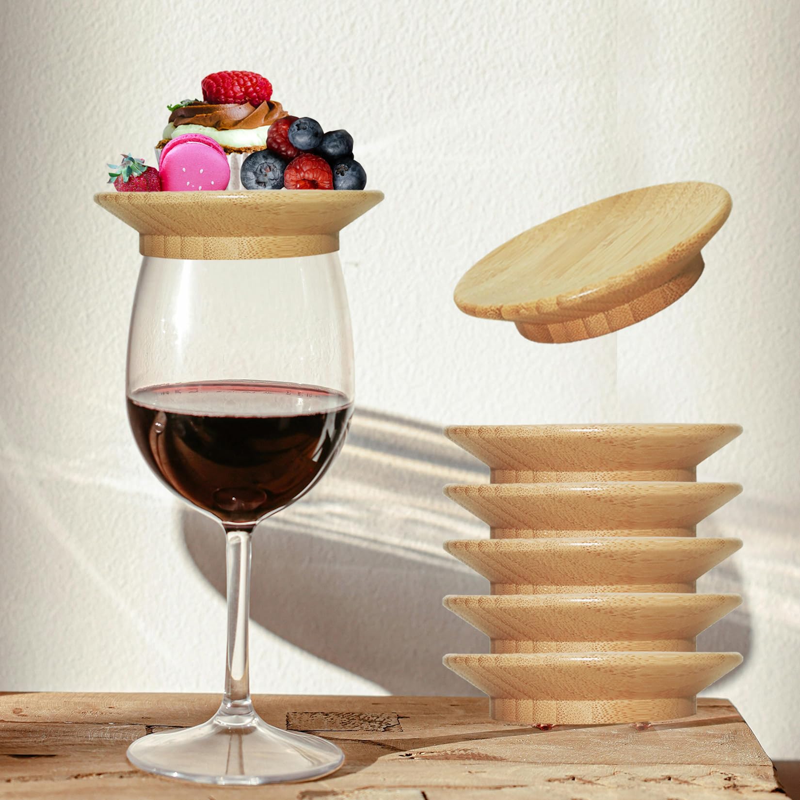 Hmsimqfy Premium Bamboo Wine Glass Charcuterie Topper,Elegant Bug Repelling Covers for Wine Glasses,Ideal Accessory for Charcuterie Boards(Bamboo, 6)