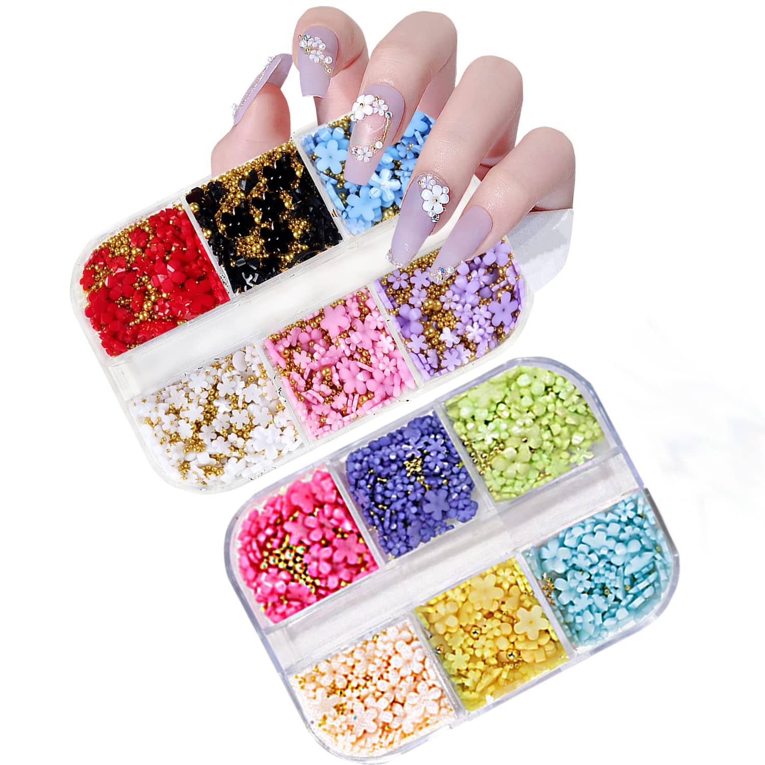 12 Colors 3D Flower Nail Charms with Gold Caviar Beads, Acrylic Flowers Nail Art Accessories for DIY Nail Decorations Nail Art Supplies