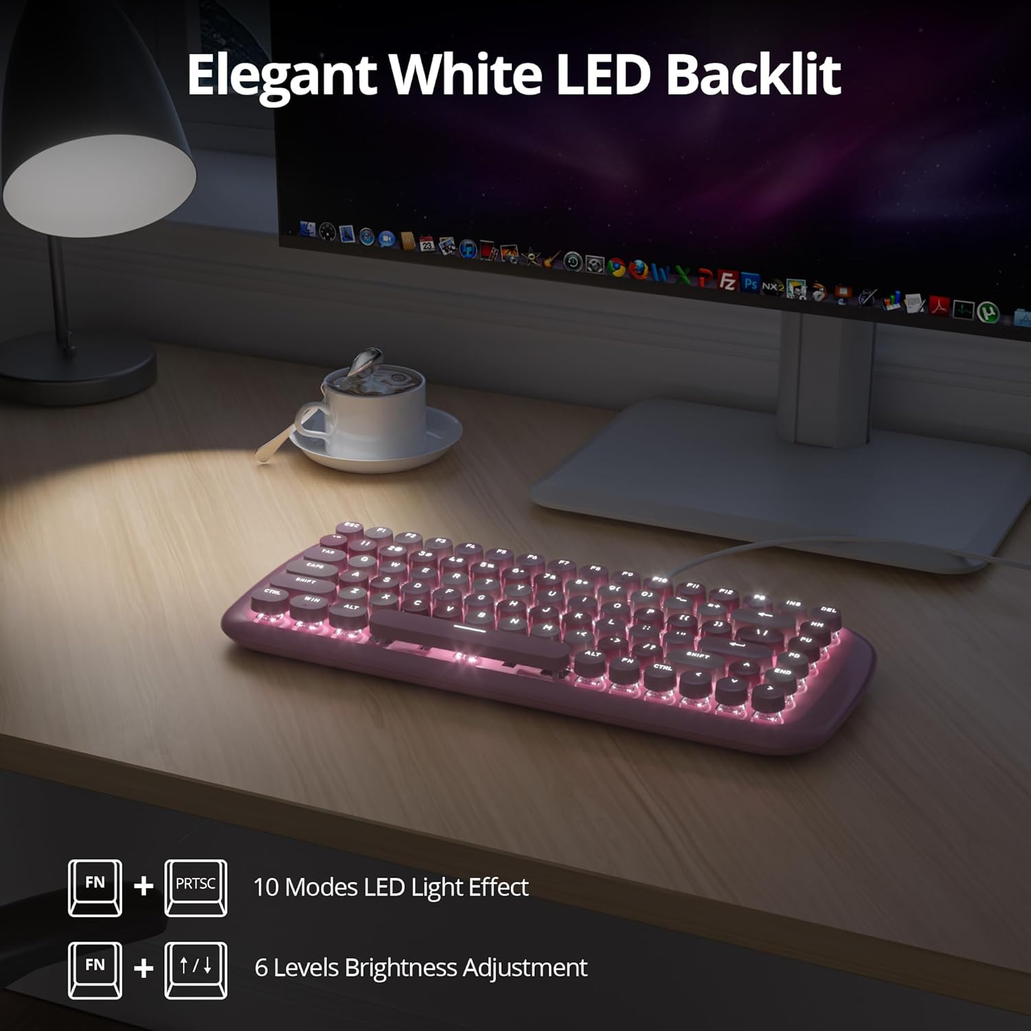 Pink Creamy Mechanical Gaming Keyboard, Aesthetic w/White Backlit, 84 Keys Cute Retro Typewriter Computer Keyboard Wired, Round Keycaps for Windows/PC/PS5