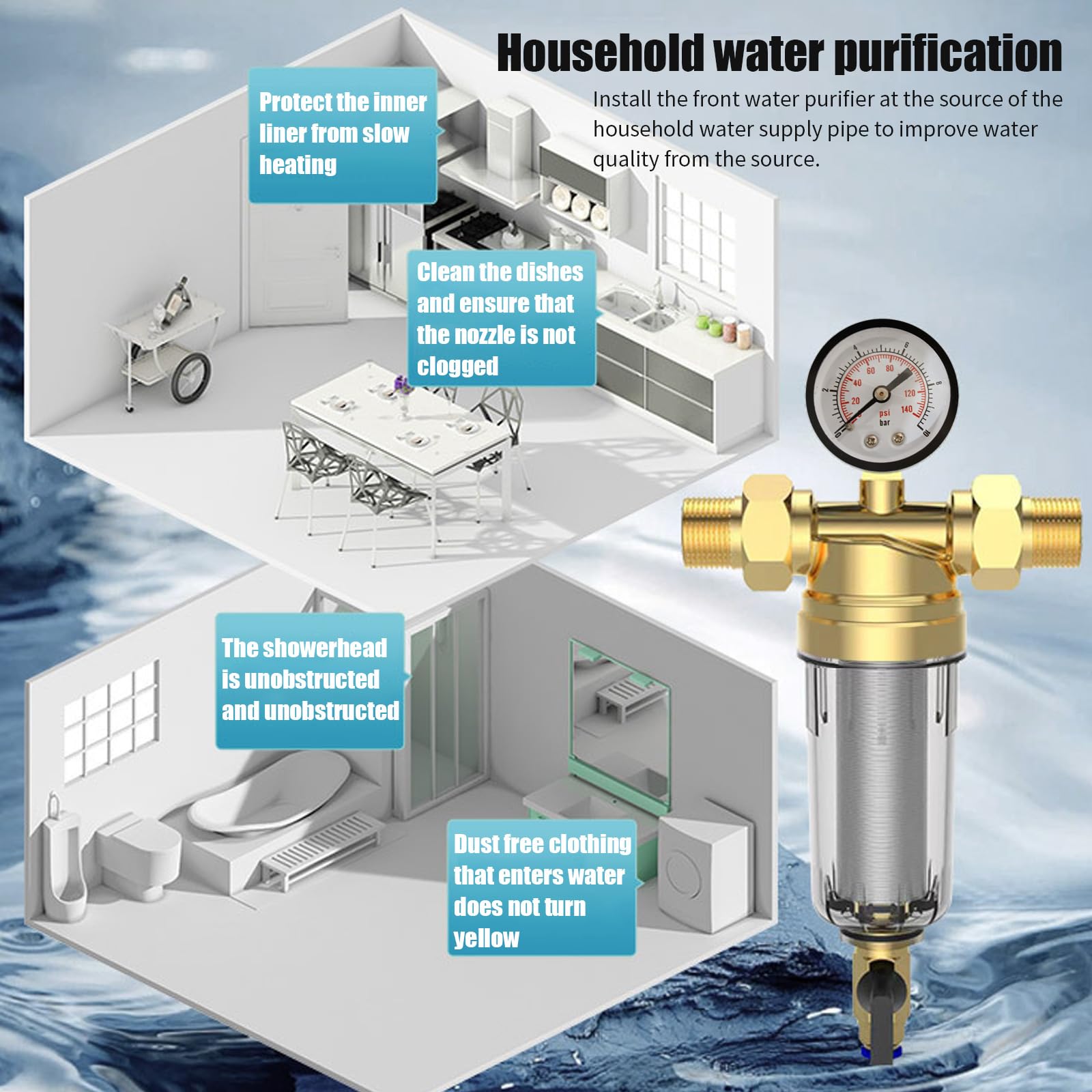 Filtro di rigetto per acqua, Filtro per acqua con sedimenti spin-down riutilizzabile da 1 pollice, Filtro per acqua prefiltro e filtro sedimenti, Filtro per acqua da 40 μm con manometro per tubo